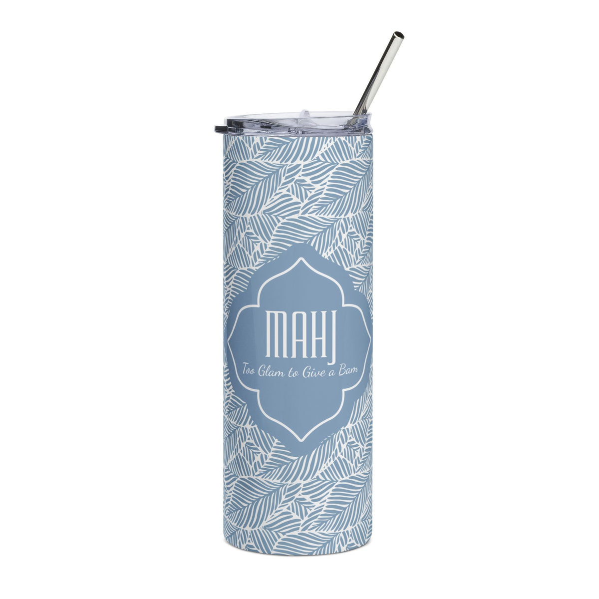 Mahjong Tumbler Coastal Leaves “Too Glam to Give a Bam" | 20oz Slim Tumbler with Lid & Reusable Straw | Isle & Coast Mahjong Collection