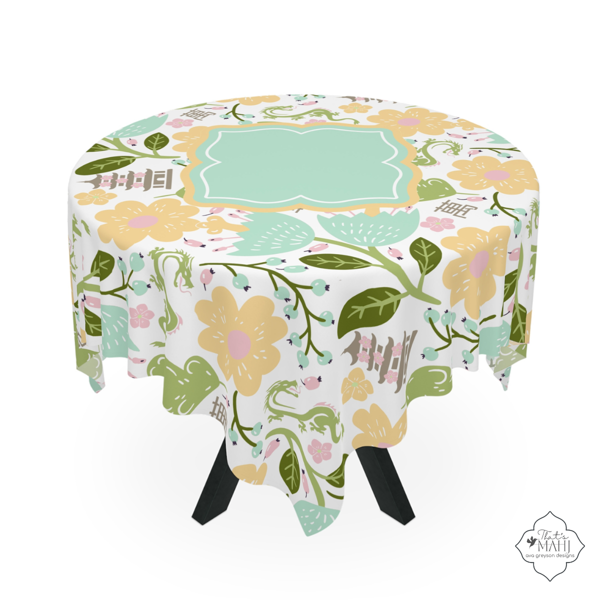 Mahjong Tablecloth — Seafoam Blooms Mah Jongg Table Cover | 55” x 55” I The Wan Garden Mahjong Collection