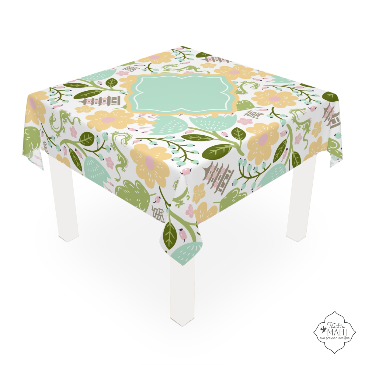 Mahjong Tablecloth — Seafoam Blooms Mah Jongg Table Cover | 55” x 55” I The Wan Garden Mahjong Collection